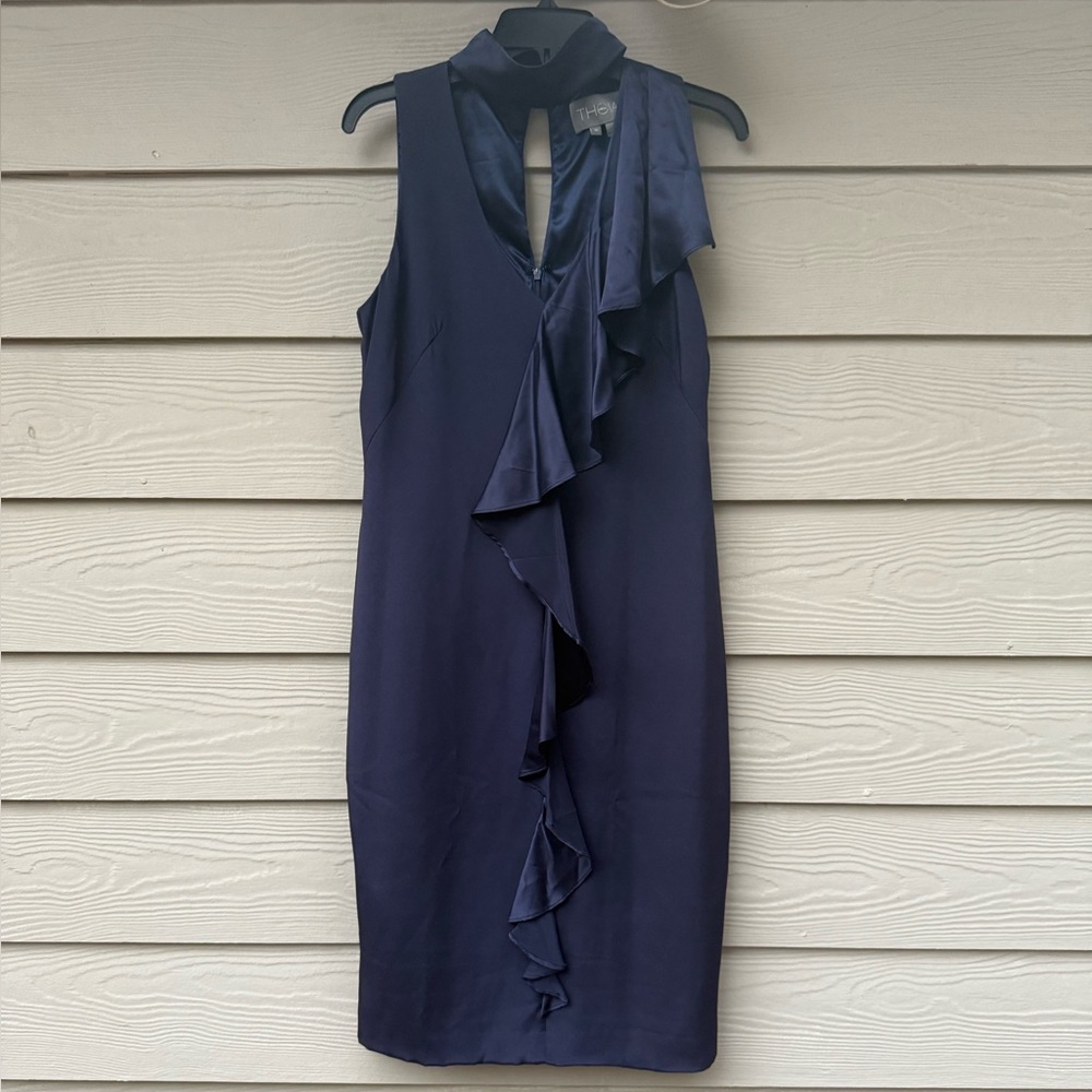 Theia sleeveless high neck navy blue dress with ruffles - Picture 4 of 10